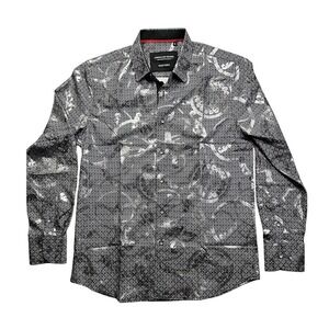 American Breed Mens Smart Shirt Black Silver Metallic Geometric Button Down M